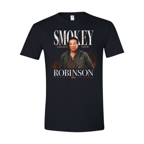Black t-shirt with Smokey Robinson graphic and text on a white background