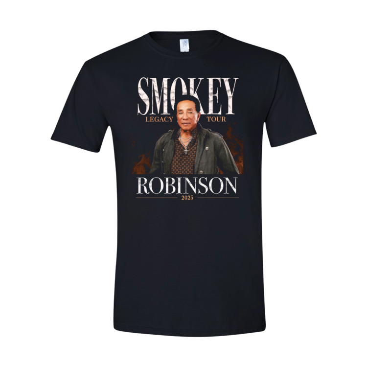 Black t-shirt with Smokey Robinson graphic and text on a white background