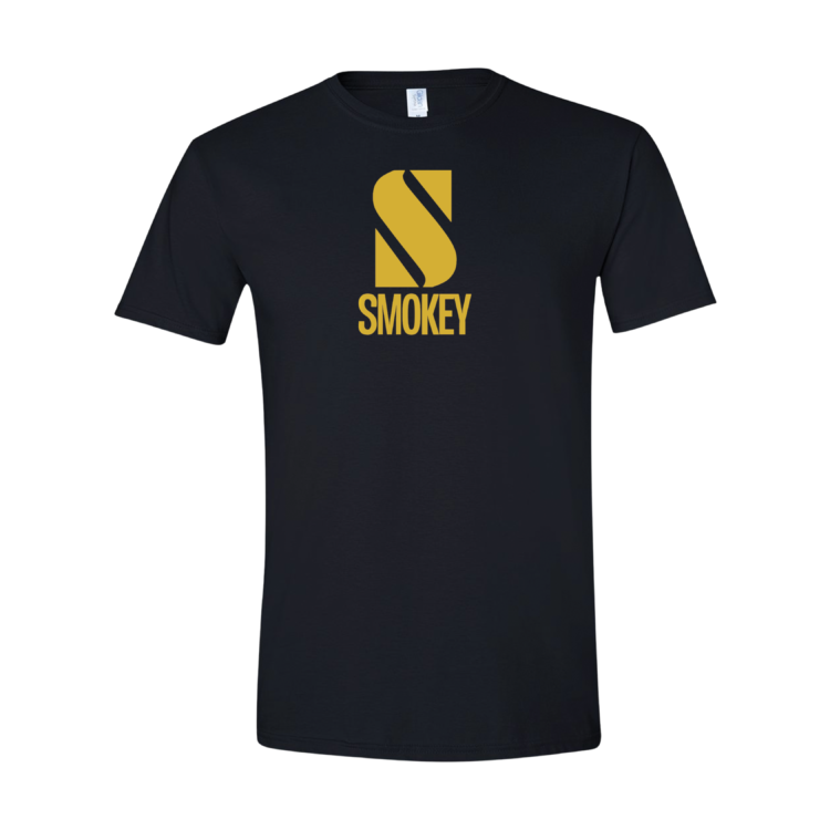 Black t-shirt with yellow 'Smokey' logo on a white background