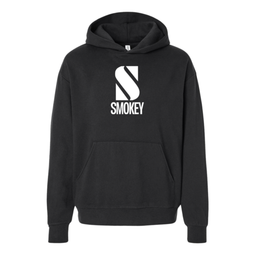 Black hoodie with 'Smokey' logo on a white background
