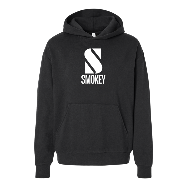 Black hoodie with 'Smokey' logo on a white background