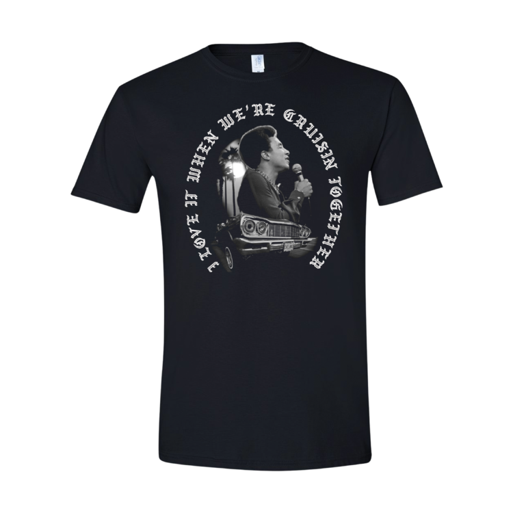 Black t-shirt with graphic design and text on a white background